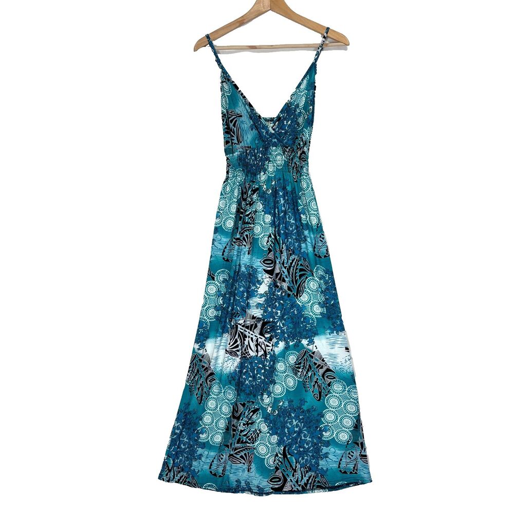 Smocked Empire Waist Maxi A-line Dress Sz S Turquoise‎ Boho Beach Feminine Ocean